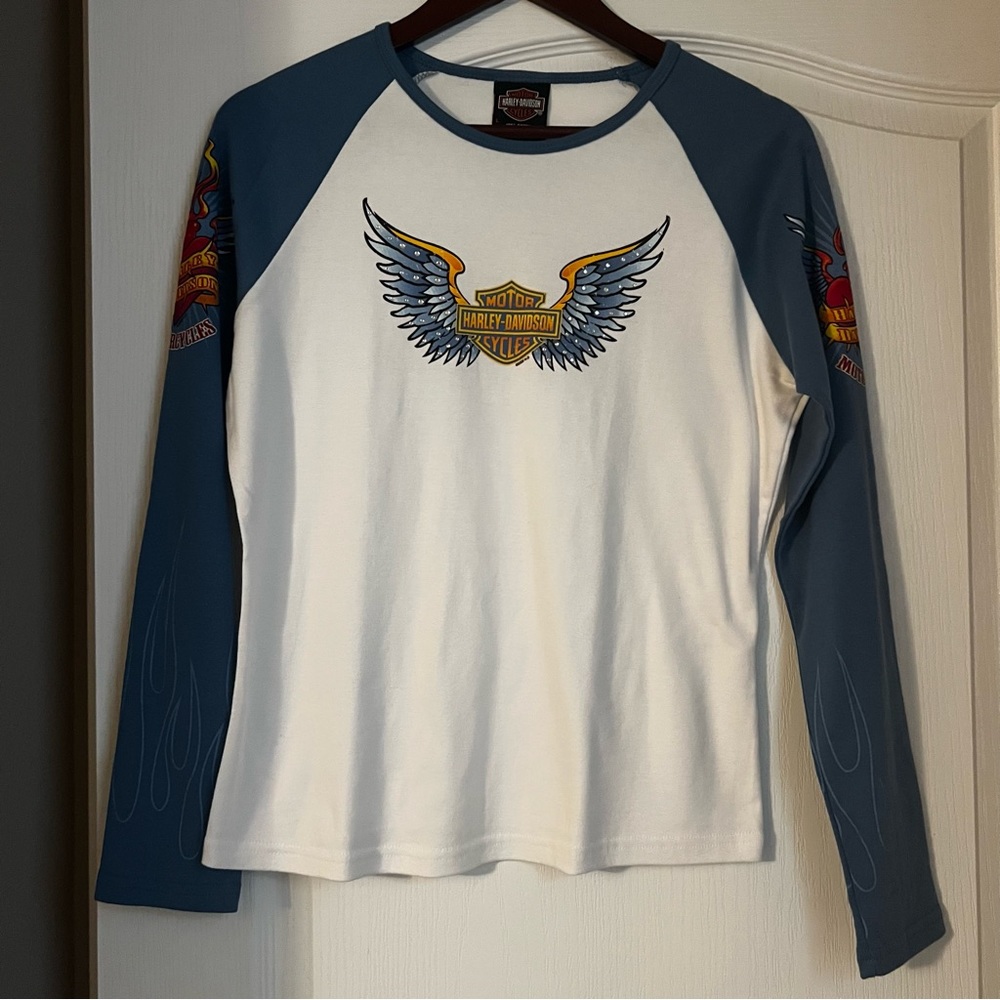 Harley Davidson Motorcycle long sleeve blue and white shirt. Womens med/large.